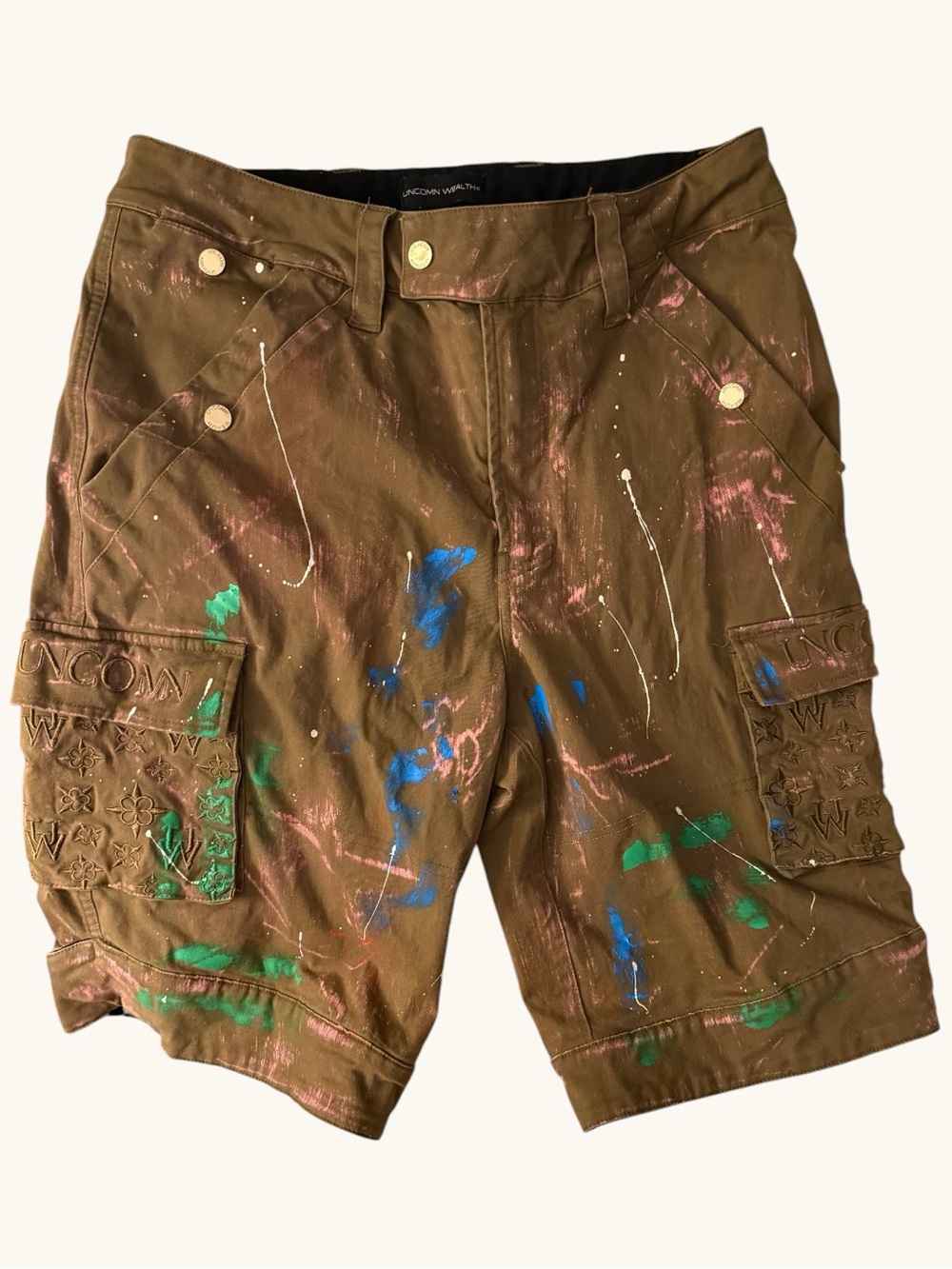 Uncomn Wealth Brown Paint-Splatter Cargo Shorts with Embossed Pockets Men’s S